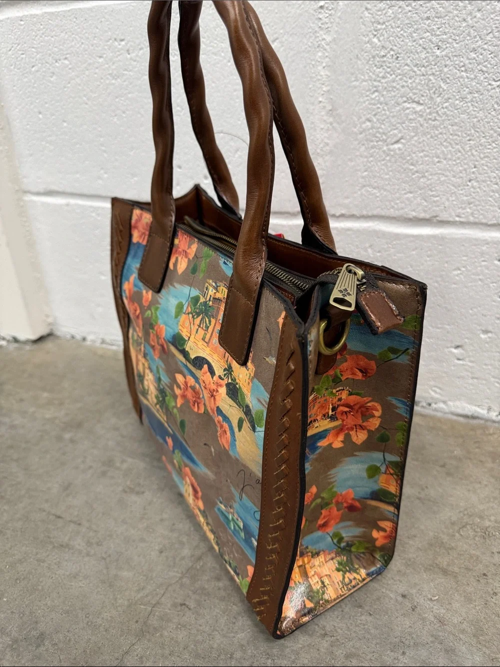 Patricia Nash Brown Floral Coastal Print Satchel